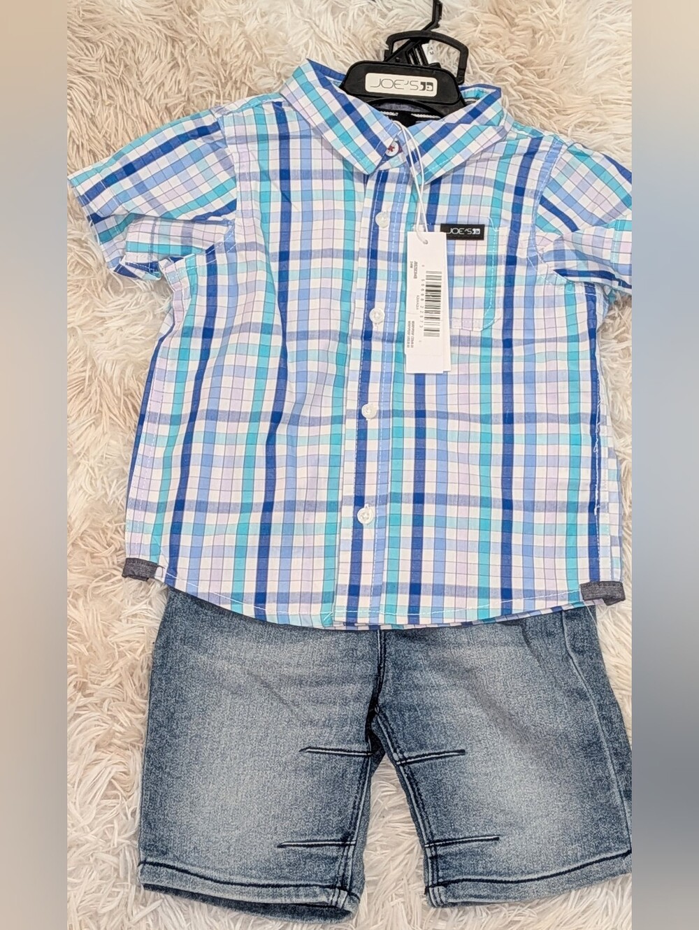 NWT,2pc, Drawstring Denim Shorts W/Aqua Blue Plaid, Button-up Collared Shirt-24m